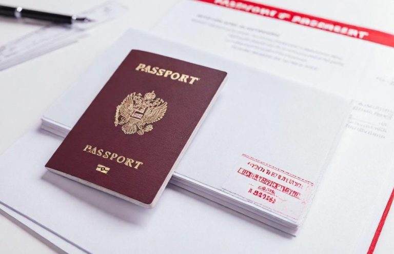 Red passport placed on a white document with text.