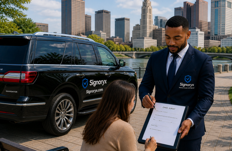A Signoryx notary meeting a client to perform a mobile notarization in the city of Columbus, Ohio