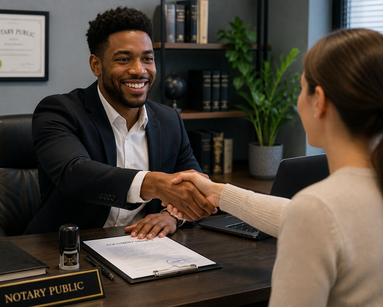A smiling Signoryx notary public and a woman shake hands in a professional office setting.