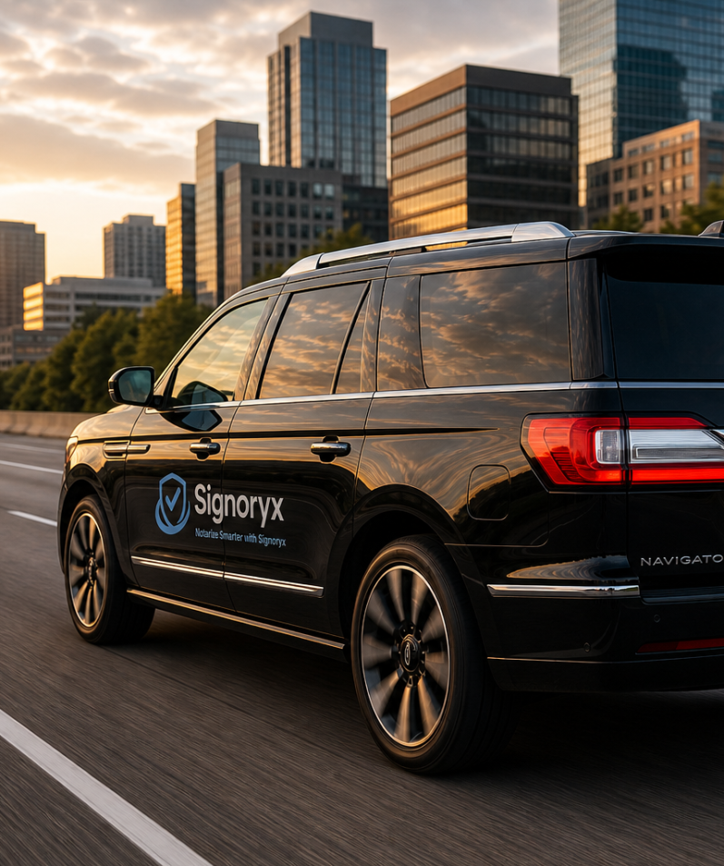 Black SUV with "Signoryx" logo driving on city road at sunset.