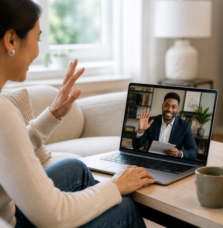 Person waving during a video call on a laptop, sitting in a cozy living room.