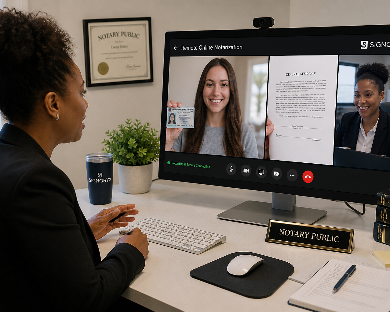 A Signoryx notary public on a video call, smiling and holding a document, with another woman on the screen.